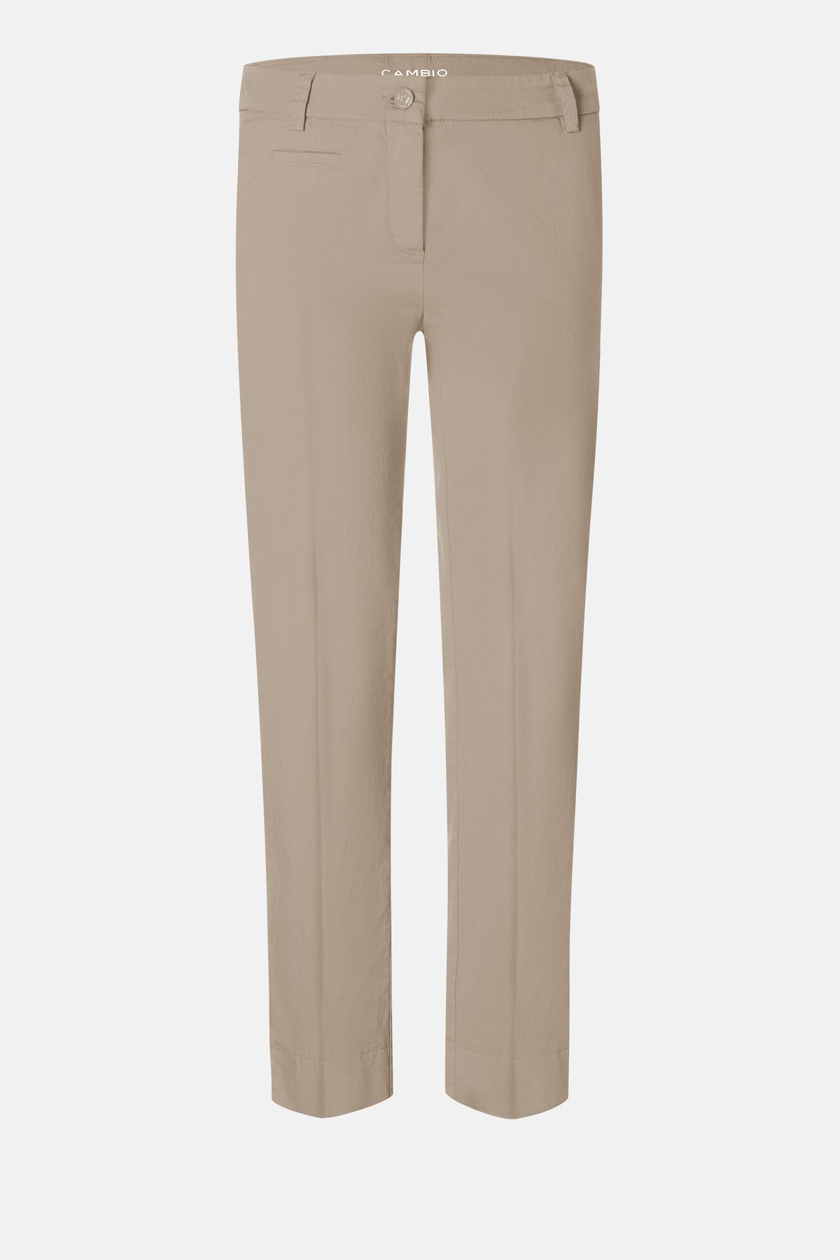 Sandfarbene, schmal geschnittene Hose aus 97 % Baumwolle und 3 % Elasthan, mit verkürzter Länge im Chino-Stil.