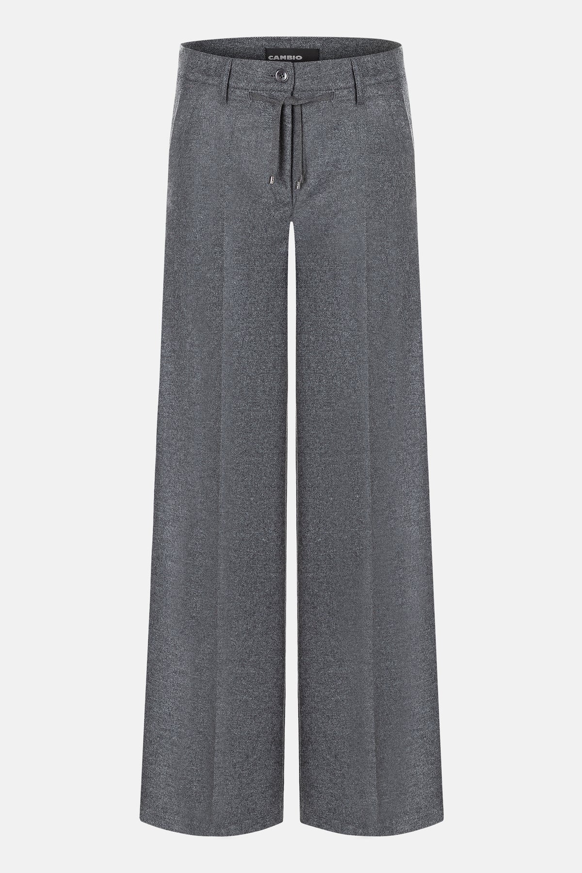 Graue Wide Leg Hose aus 55% Wolle und 45% Polyester, mit Knopfverschluss, Schnürung und Seitentaschen.