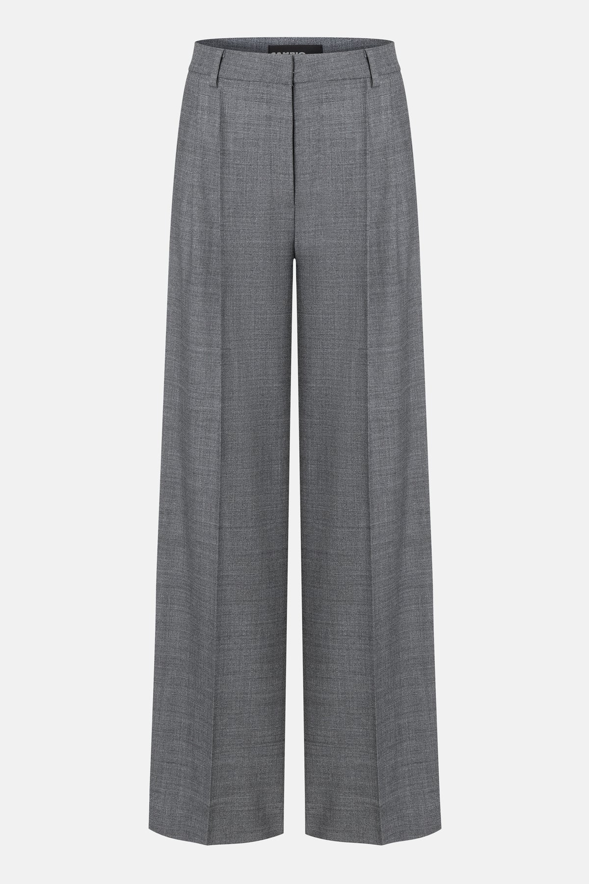 Graue Wide-Fit-Hose aus 53 % Polyester, 43 % Wolle, 4 % Elasthan mit doppelter Bundfalte und langem, fließendem Bein.