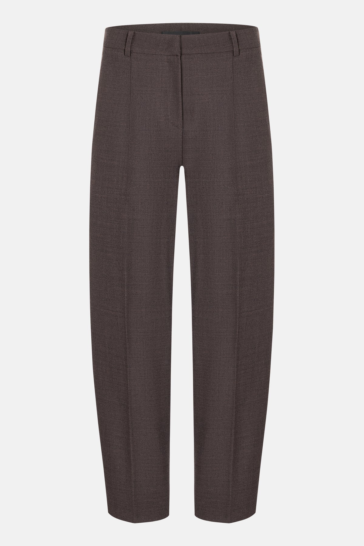 Braune O-Shape Hose aus 53% Polyester, 43% Schurwolle und 4% Elasthan, mit Bundfalte und seitlichen Eingrifftaschen.