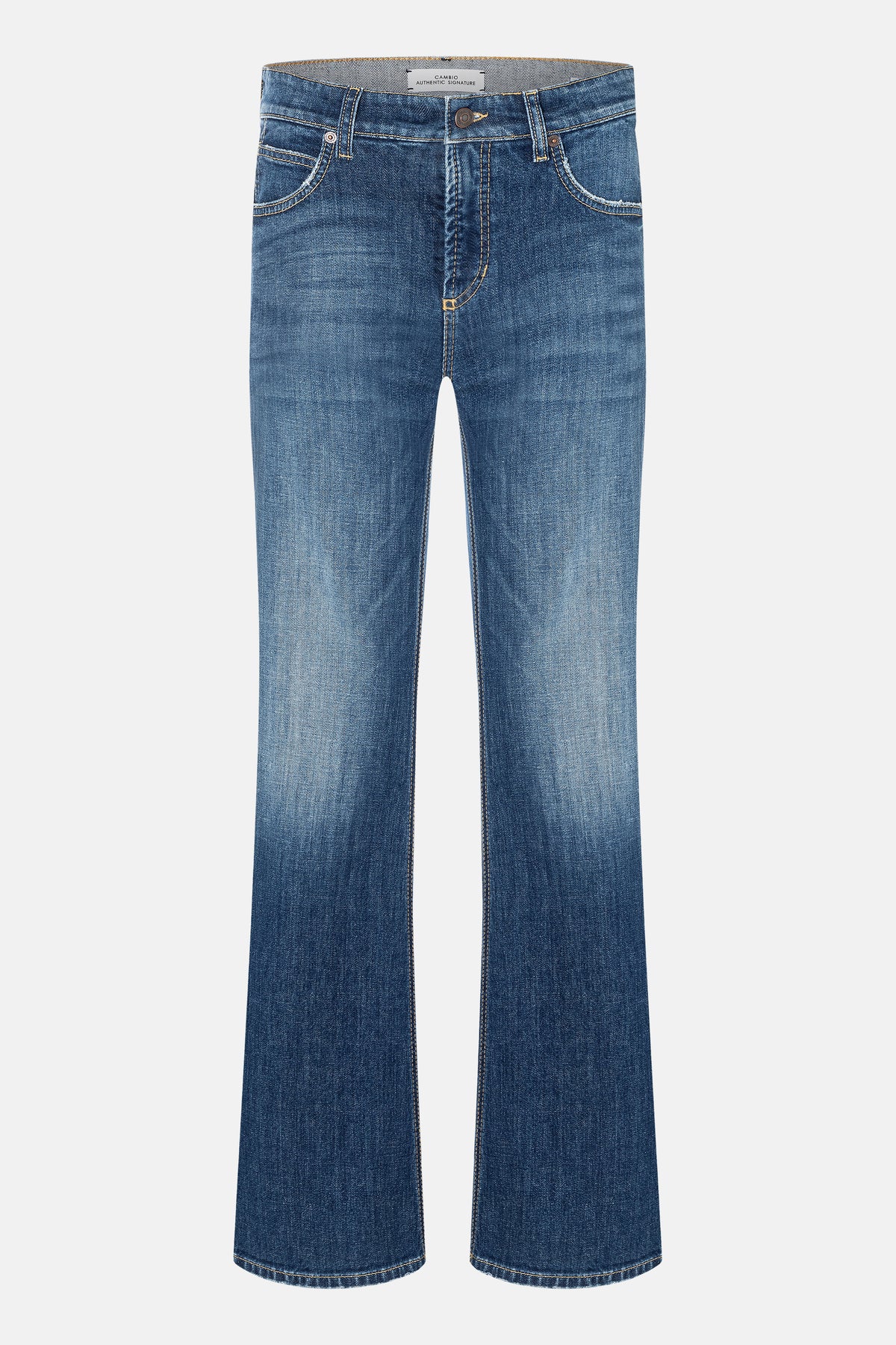 Blaue Flared Denim-Jeans aus 98% Baumwolle und 2% Elasthan. Die Hose hat eine markante Waschung und einen ausgestellten Schnitt.