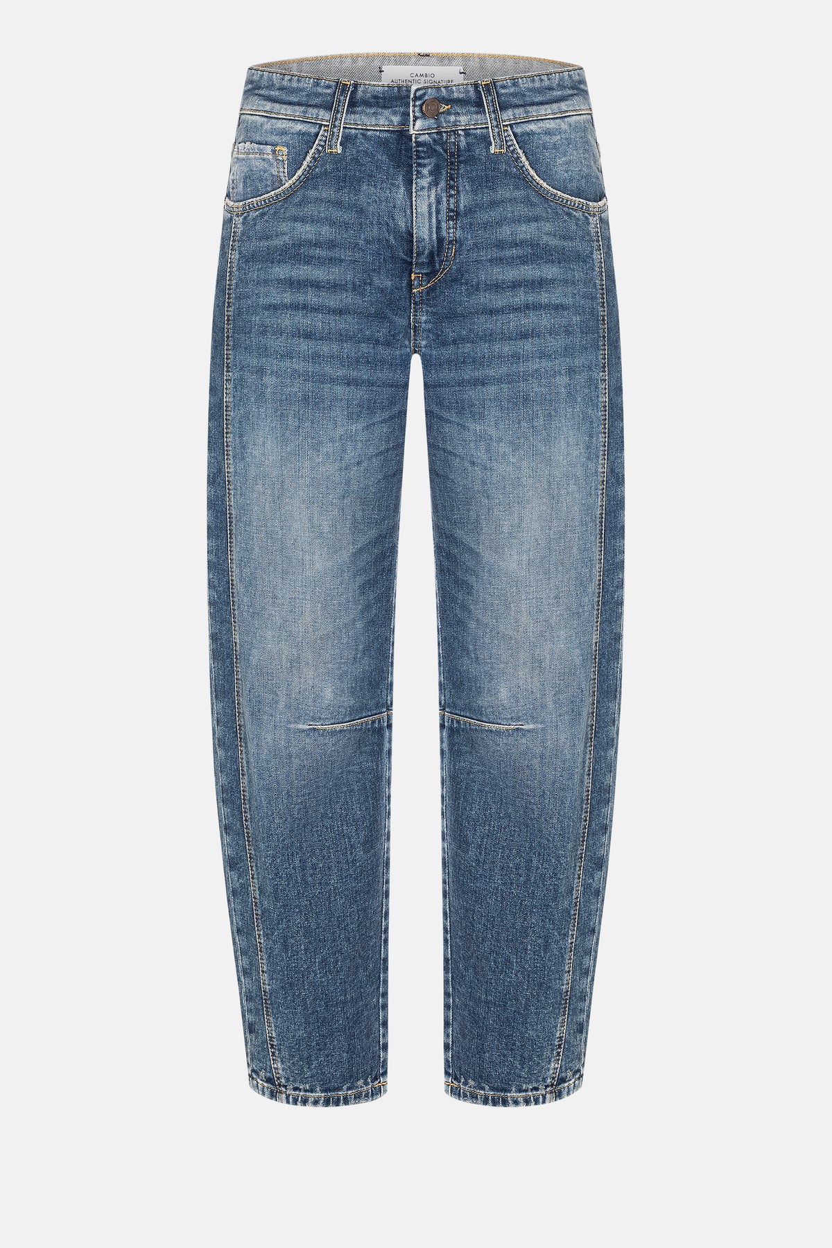 Blaue O-Shape Jeans aus 98% Baumwolle und 2% Elasthan mit verkürzter Länge und markanter Waschung, Five-Pocket-Stil.