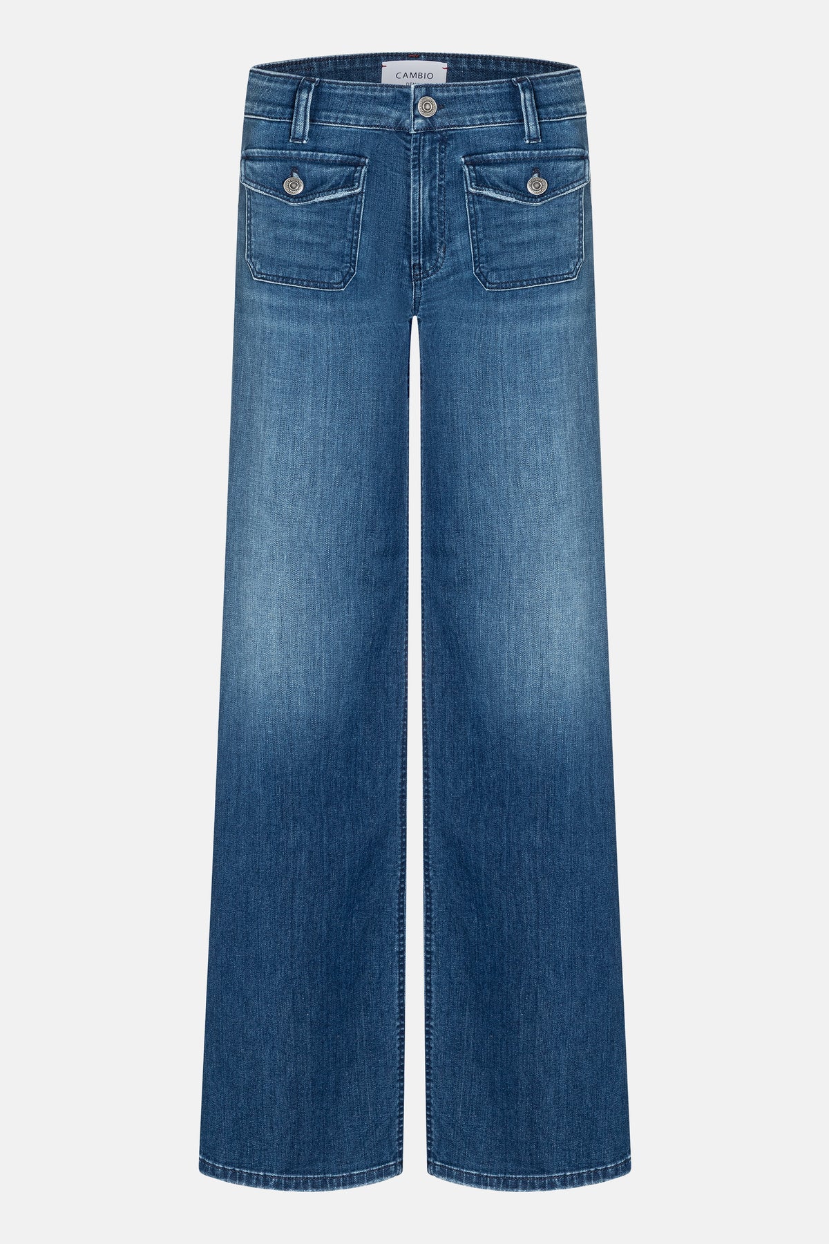 Blaue Wide-Leg-Jeans aus 94% Baumwolle mit aufgesetzten Vordertaschen und eleganten Knöpfen. Geeignet für modische Anlässe.