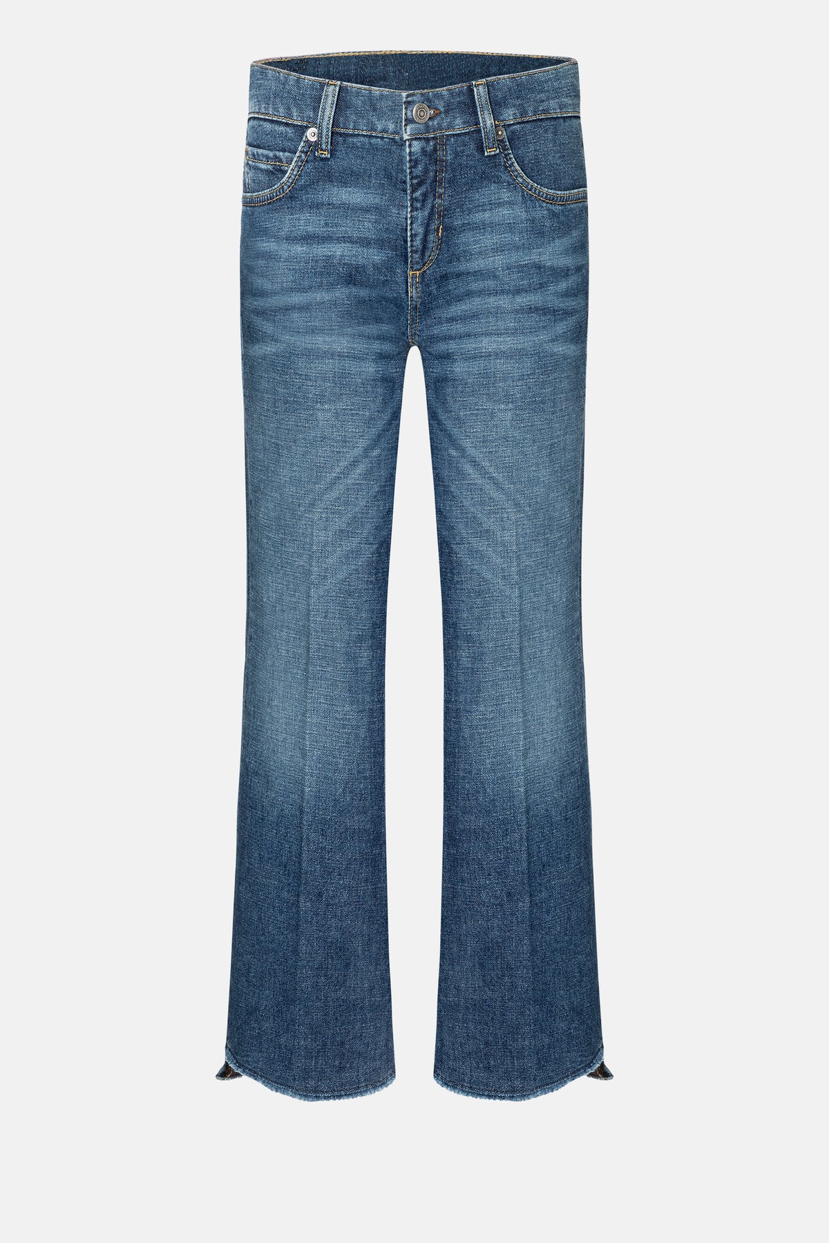 Blau gefärbte Flared-Fit Jeans aus 98% Baumwolle und 2% Elasthan, verkürzte Länge, mit offenen, fransigen Säumen.