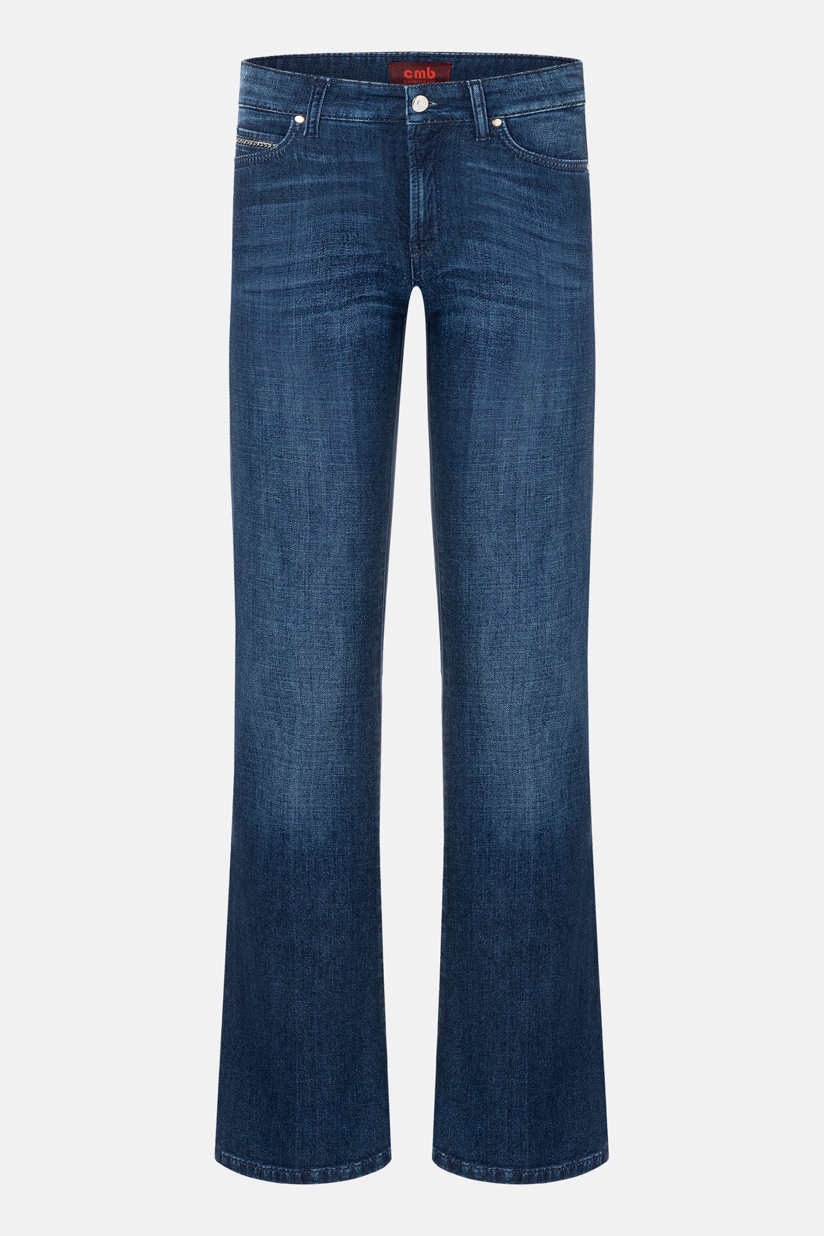 Blaue, ausgestellte Damenjeans aus 92 % Baumwolle, 6 % Elastomultiester T400 und 2 % Elasthan, mit klassischen 5-Pocket-Details.