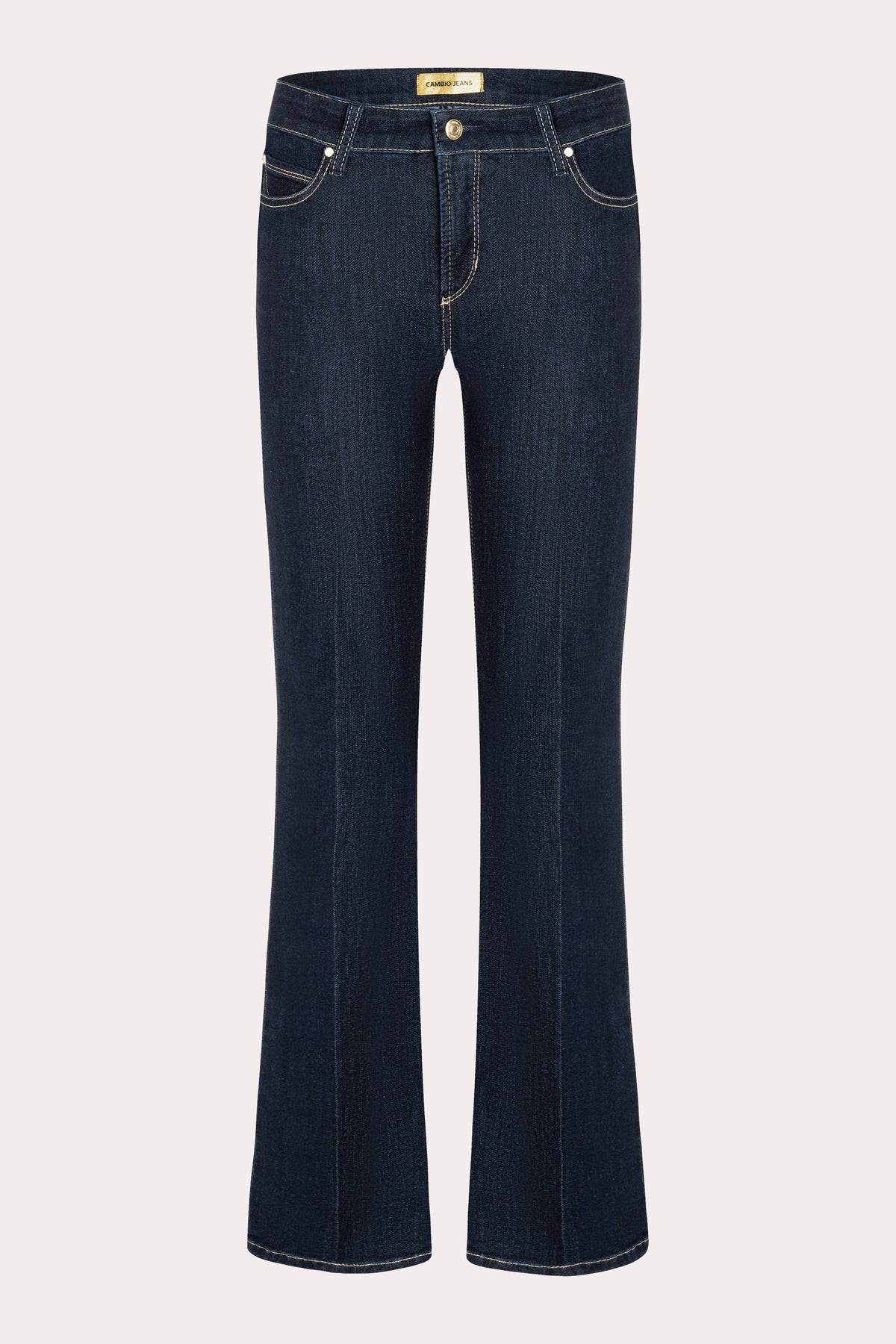 Dunkelblaue Flared-Jeans aus 93% Baumwolle, 5% Polyester, 2% Elasthan, fließende Silhouette und Powerstretch.