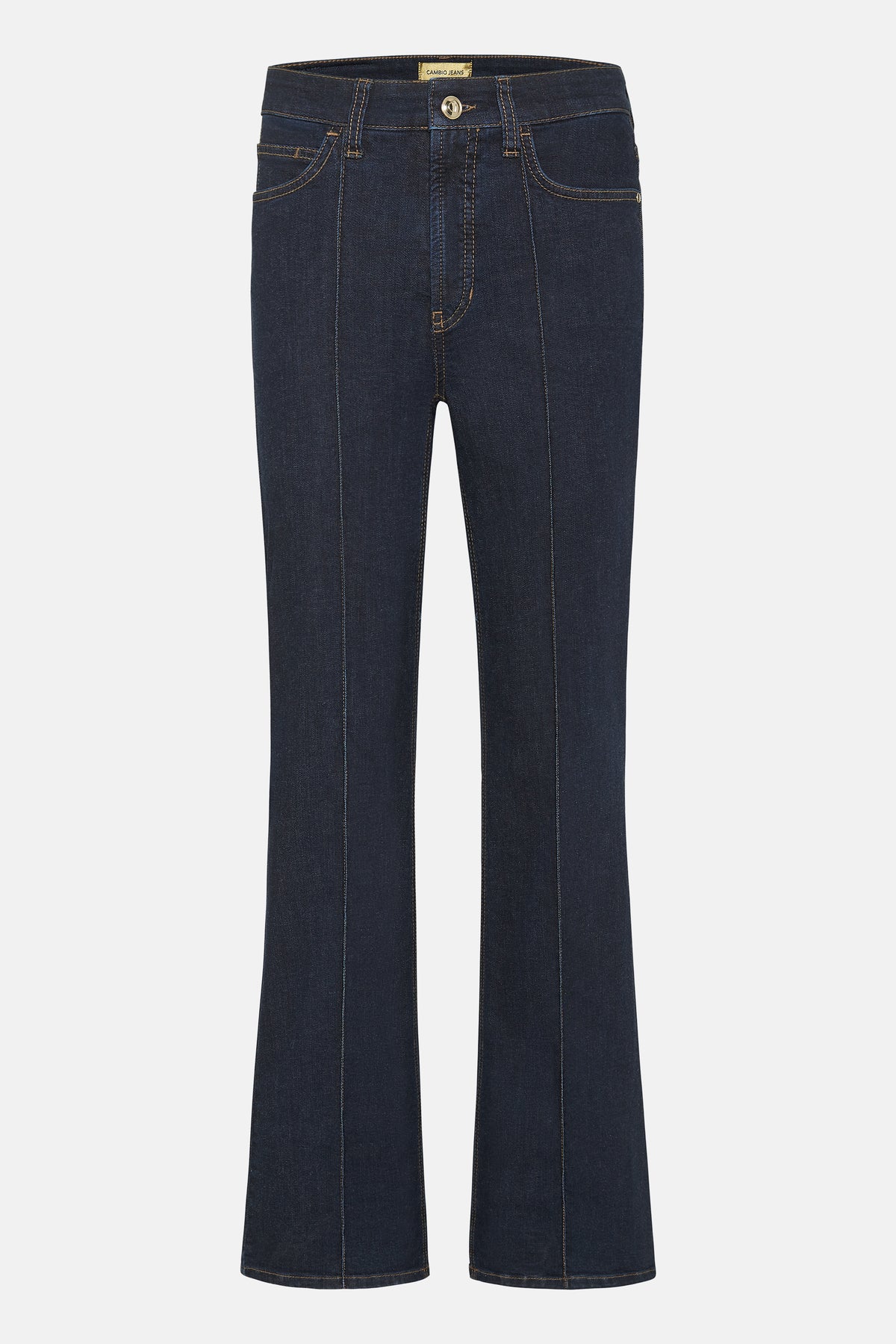 Dunkelblaue ausgestellte Jeanshose aus 93% Baumwolle, 5% Polyester, 2% Elasthan mit kontrastierenden Nähten.