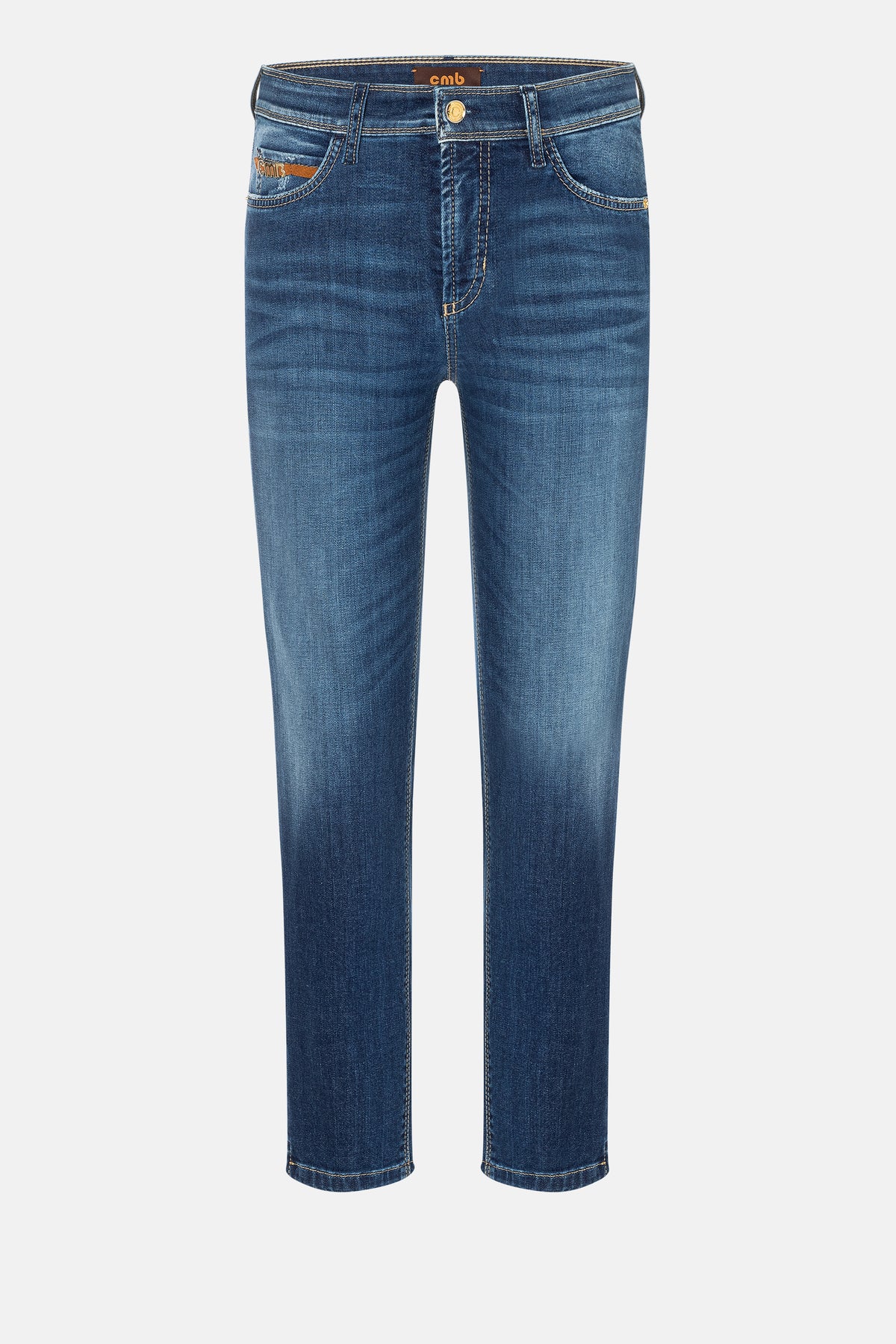 Blaue Slim-Fit-Jeans aus Superstretch-Denim, 5-Pocket-Design, verkürzte Länge, Material: 92% Baumwolle, 6% Elastomultiester, 2% Elasthan.