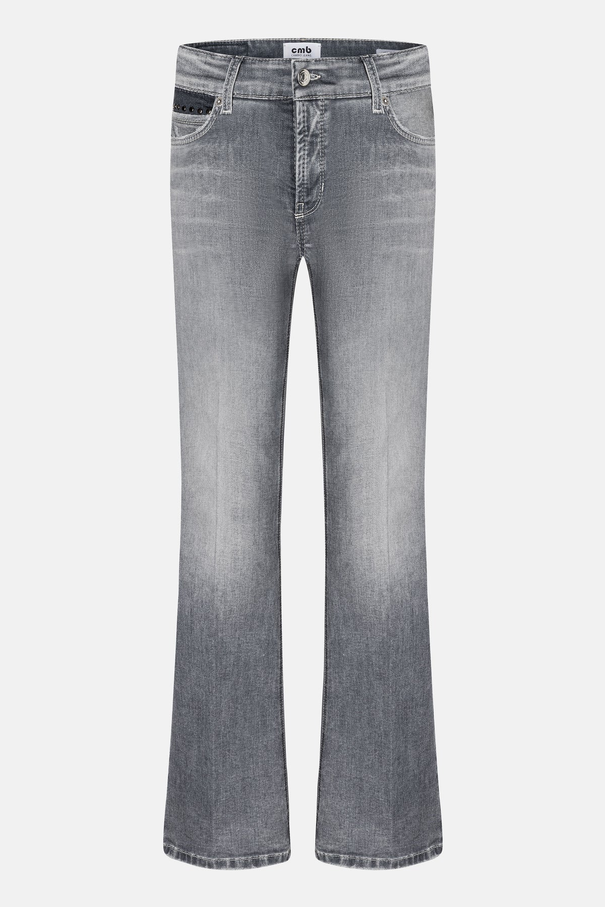 Graue Flared-Jeans aus 92% Baumwolle, 6% Elastomultiester T400 und 2% Elasthan mit 5-Pocket-Design, Nieten-Details.