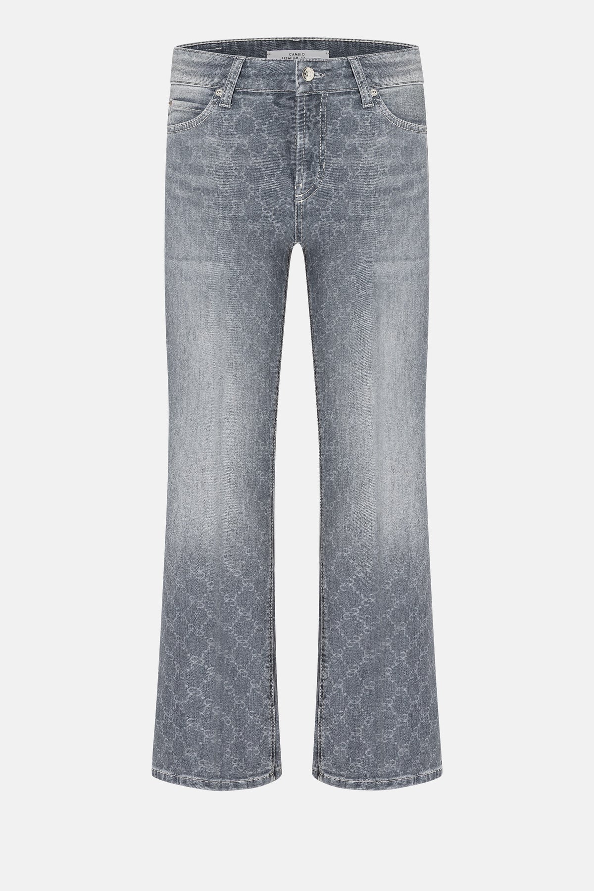 Hellgraue Jeans im Flared-Fit mit gelasertem Kettenmuster, verkürzte Länge, aus 92% Baumwolle, 6% Elastomultiester T400, 2% Elasthan.