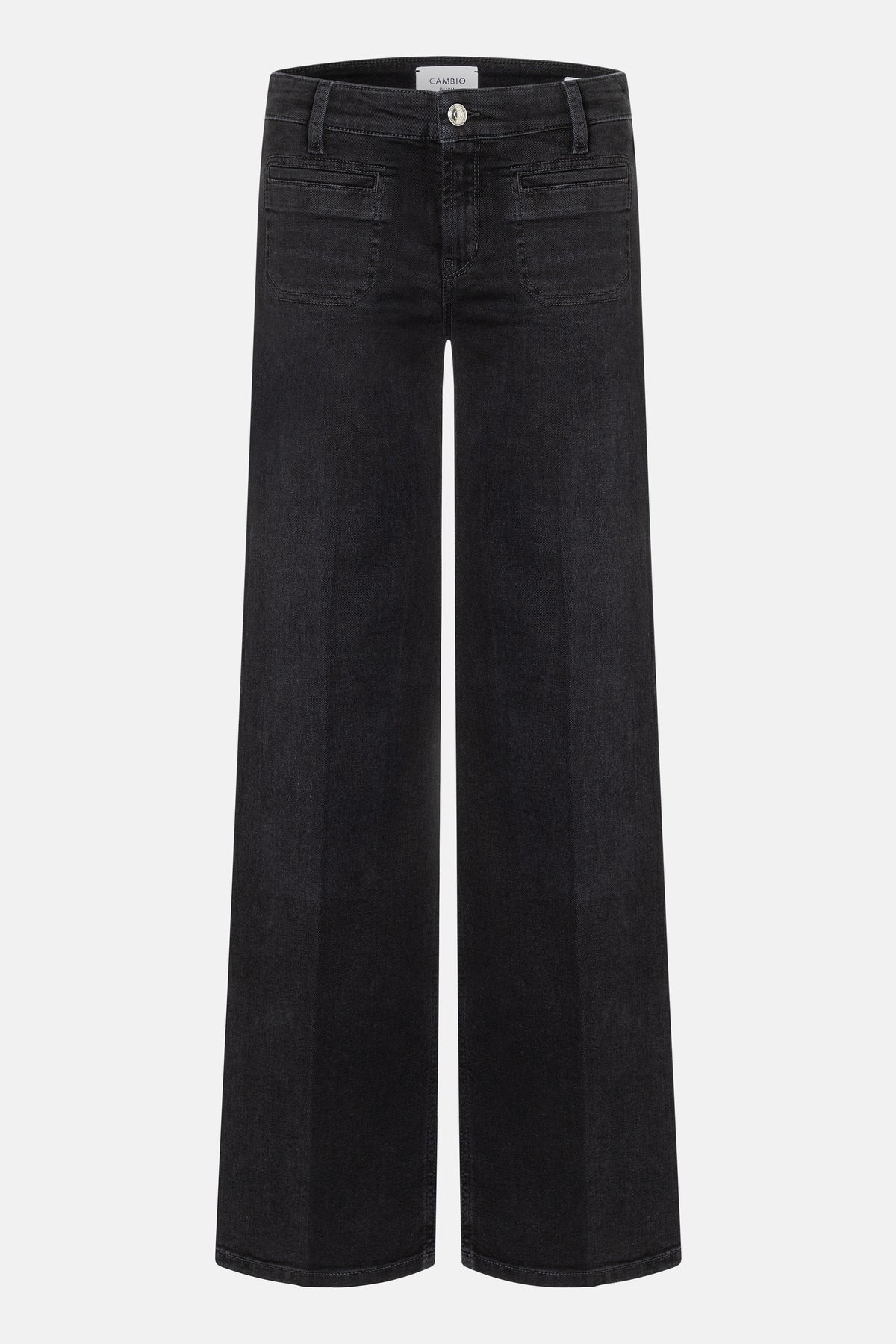 Schwarze Wide-Leg Jeans aus 92% Baumwolle, 6% Elastomultiester T400, 2% Elasthan. Markante Fronttaschen sichtbar.