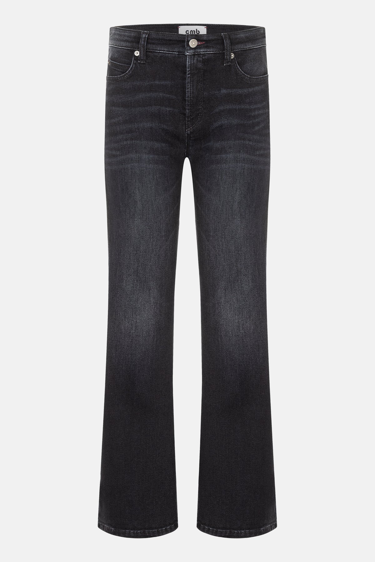 Schwarze Jeans mit ausgestelltem Bein, Typ "Paris flared". Material: 81% Baumwolle, 11% Lyocell, 6% Elastomultiester T400, 2% Elasthan.