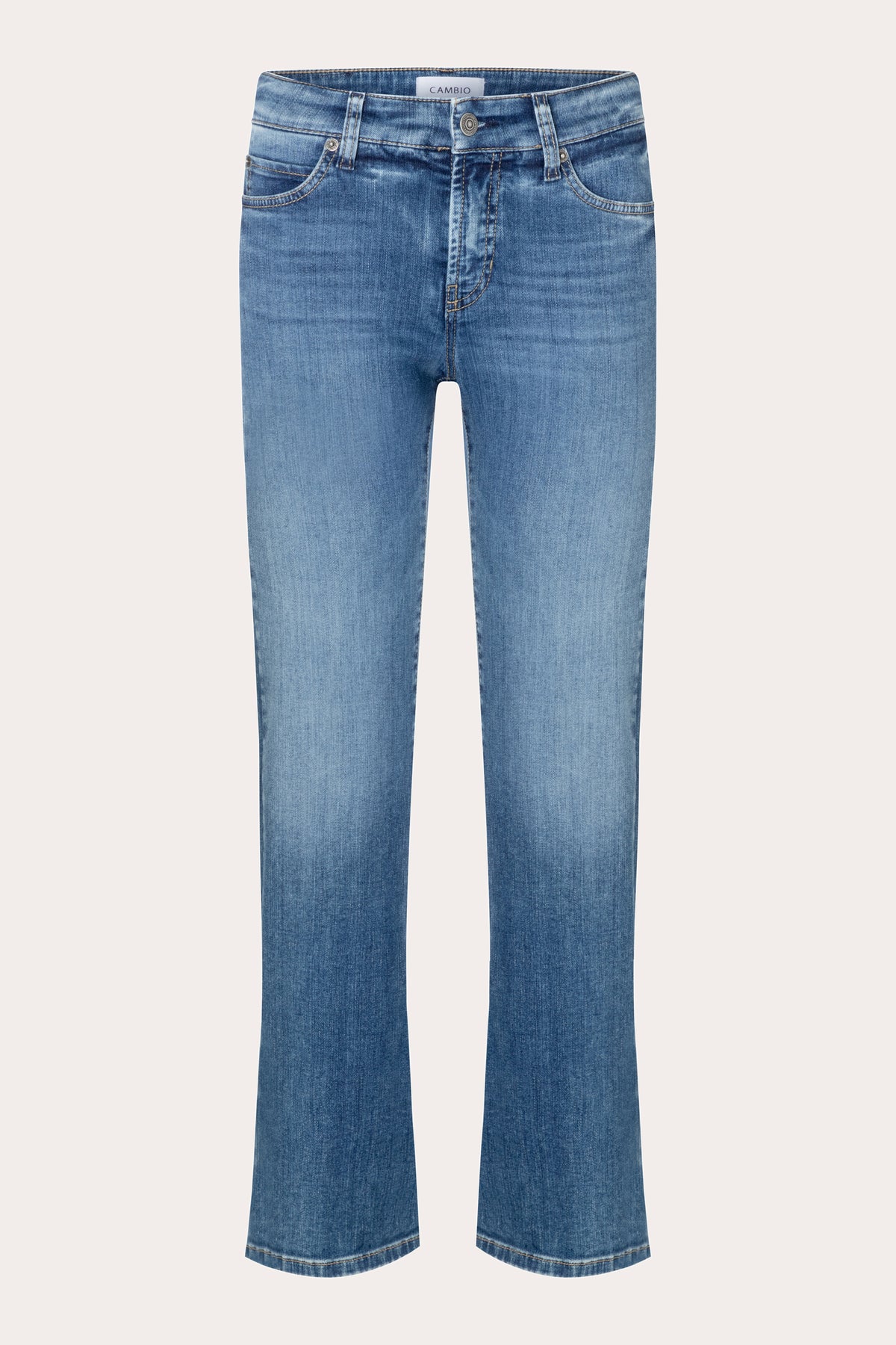 Flared-Fit Jeans in hellem Blau, aus 92% Baumwolle, 6% Elastomultiester T400 und 2% Elasthan. Verkürzter Schnitt mit mittelhohem Bund.